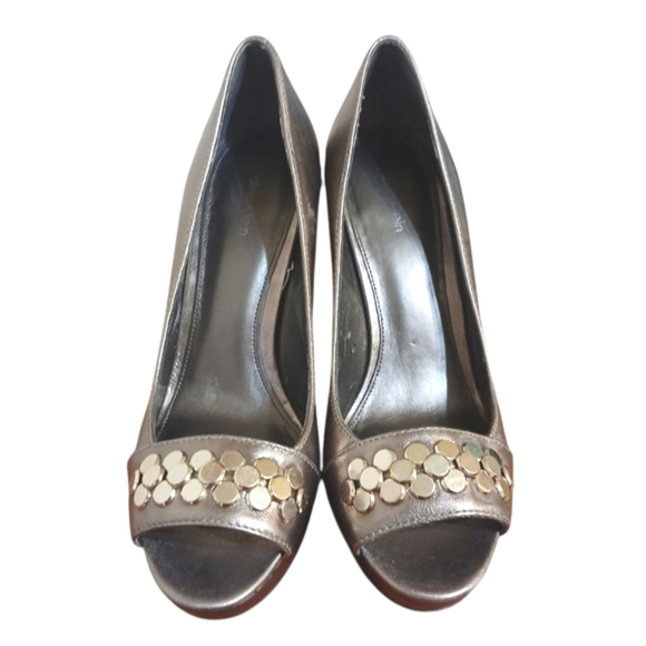 Calvin Klein Caleigh Metallic Leather Peep Toe Pumps Silver Platform Hee… - Picture 3 of 12